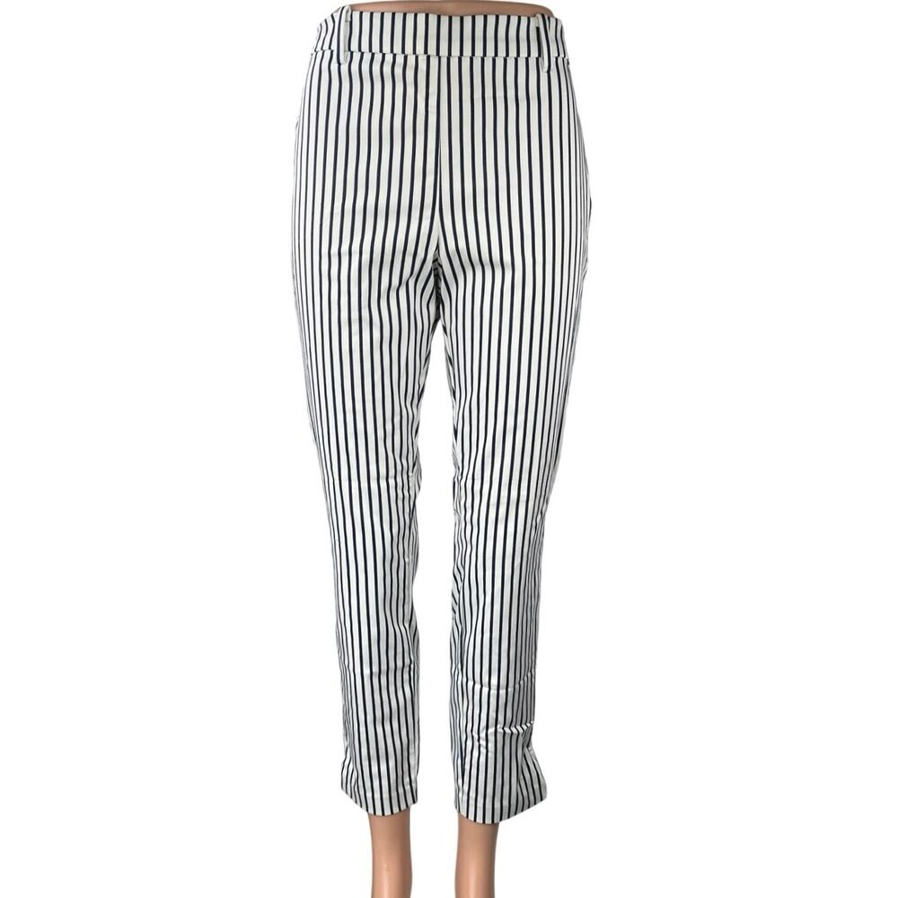 NEW H&M White Black Striped Skinny Slim Super Stretch Trousers Pants Size 10